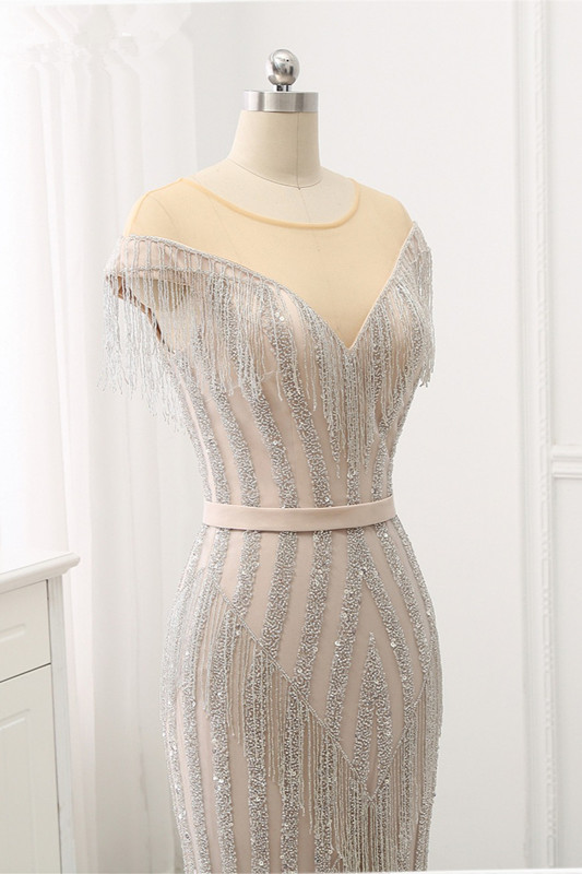 BMbridal Elegant Jewel Sleeves Silver Mermaid Prom Dresses with Rhinestone