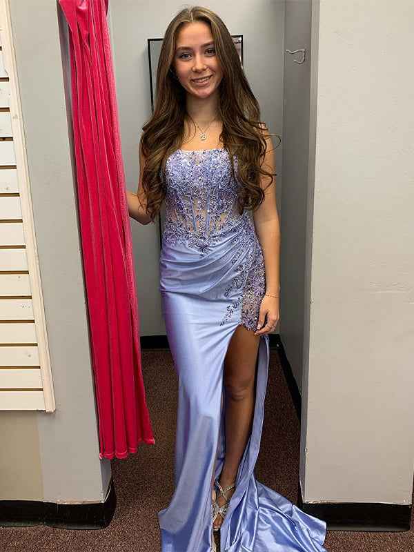Grey Blue Strapless Satin Mermaid Applique Long Prom Dress with Slit