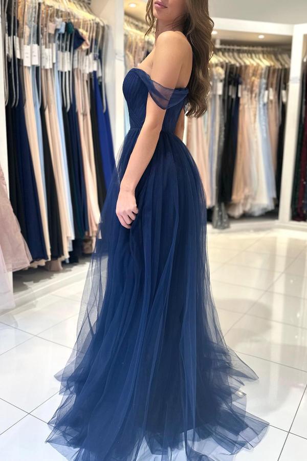 Bmbridal Dark Navy Tulle Prom Dress Long Off-the-Shoulder