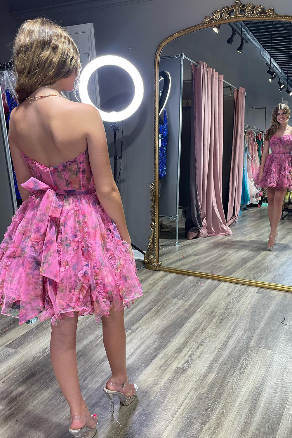 Pink Corset Sweetheart Floral A-Line Short Homecoming Dress with Ruffles-BMbridal