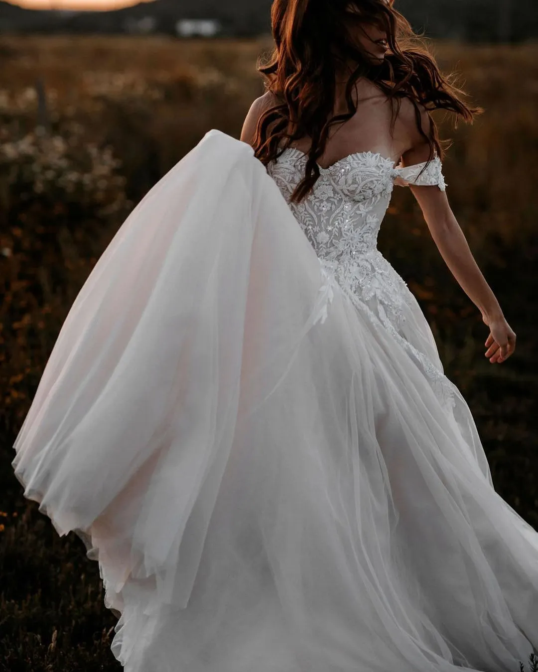 Elegant Tulle A-Line Off-the-Shoulder Wedding Dress with Appliques Lace