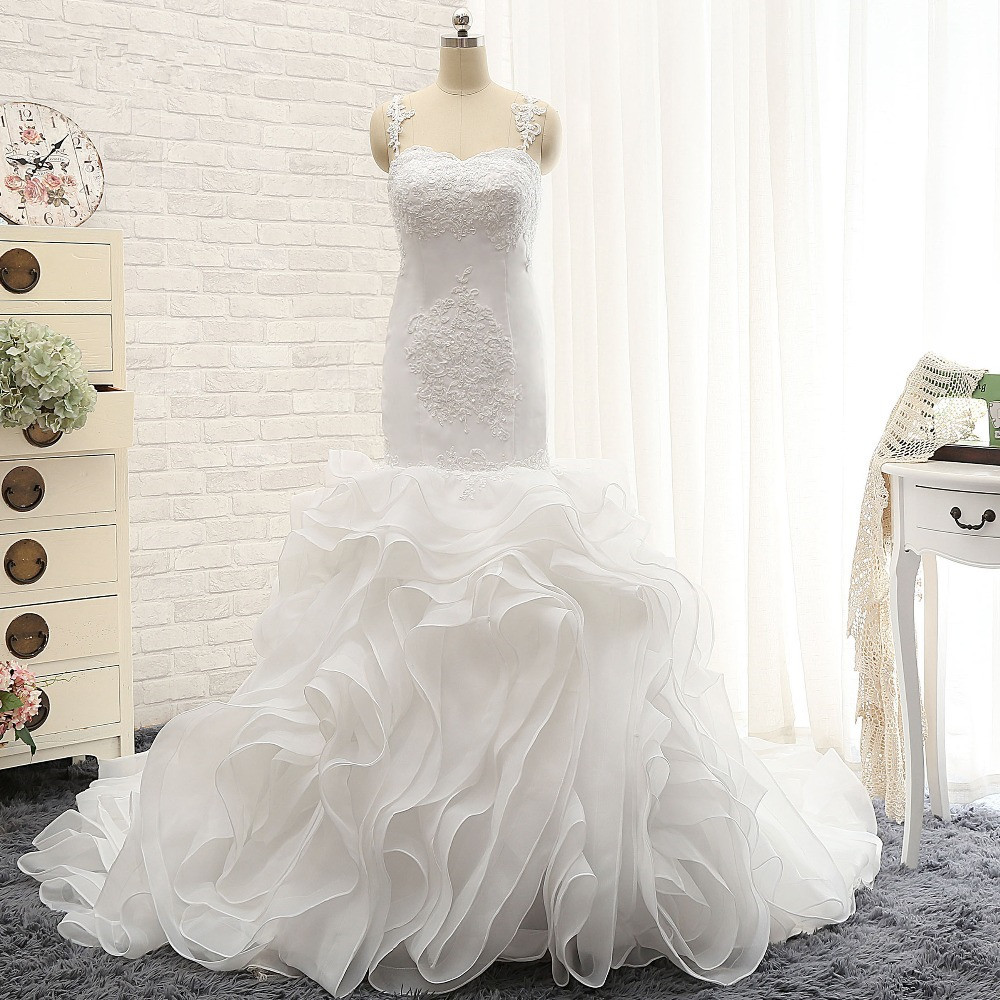 BMbridal Sexy Sleeveless Straps Ruffles Wedding Dresses With Appliques White Mermaid Satin Bridal Gowns Online-BMbridal