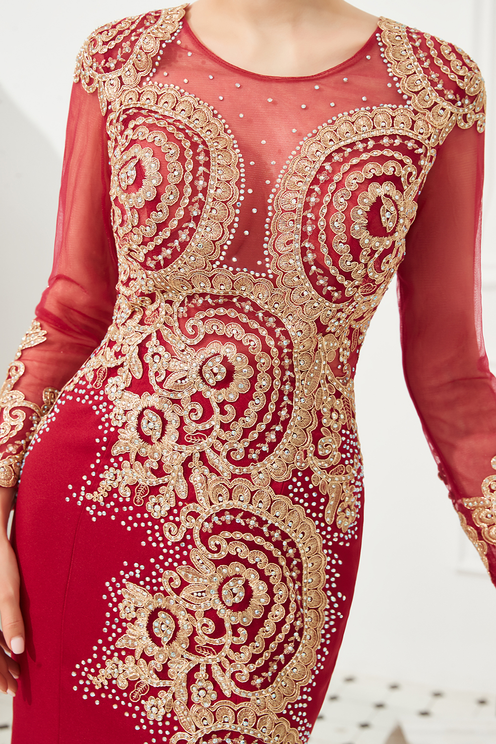 BMbridal Burgundy Long Sleeve Mermaid Prom Dress With Gold Appliques Online
