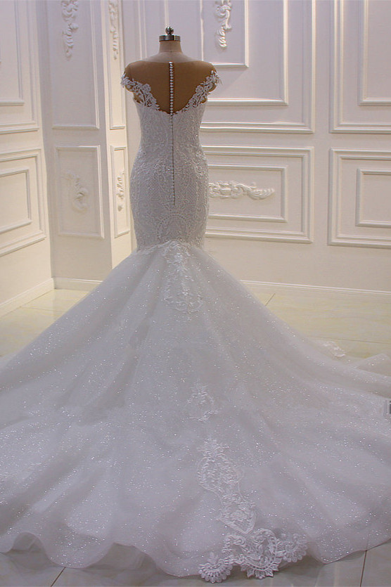 BMbridal Elegant Jewel Tulle Lace Sequined Wedding Dress Mermaid Appliques Sleeveless Bridal Gowns On Sale-BMbridal