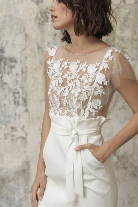 Bateau Short Applique Wedding Dress with Belt Pocket
