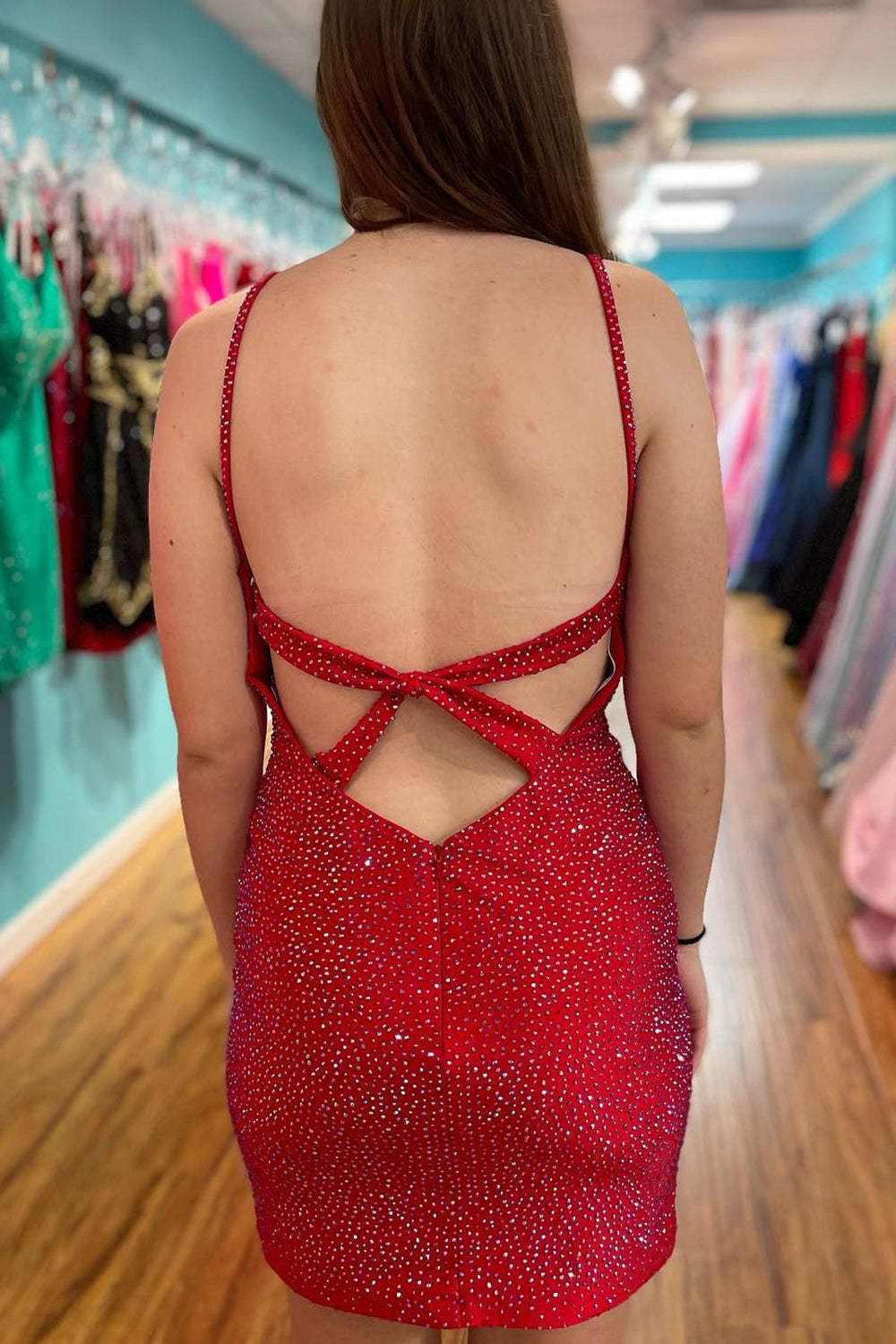Sparkly Red Sequins Open Back Tight Short Hoco Dress-BMbridal