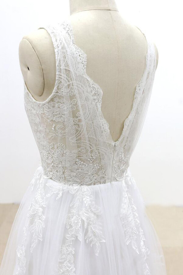 BMbridal Ruffle V-neck Appliques Tulle A-line Wedding Dress On Sale-BMbridal