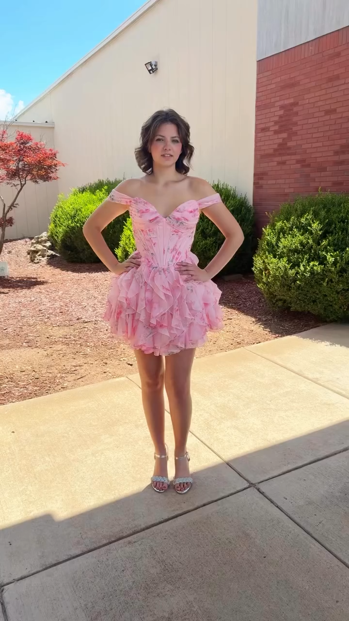 Off Shoulder Sweetheart Floral Corset Homecoming Dress Tiered Ruffle Chiffon Mini