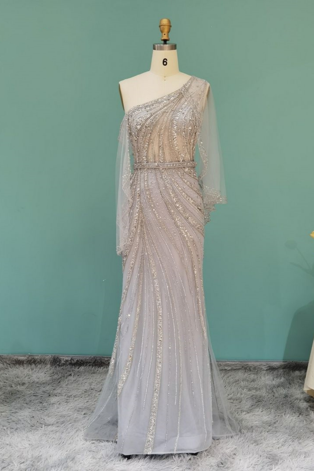 Bmbridal Silver Column One Shoulder Long Sleeves Prom Dresses with Beadings