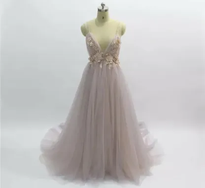Modern V-Neck Backless A-Line Long Wedding Dress with Tulle Floral