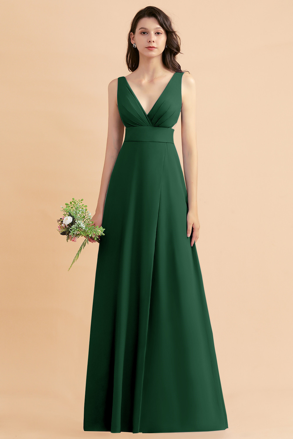 BMbridal A-Line Dusty Blue Chiffon Ruffles Bridesmaid Dress with Slit-BMbridal