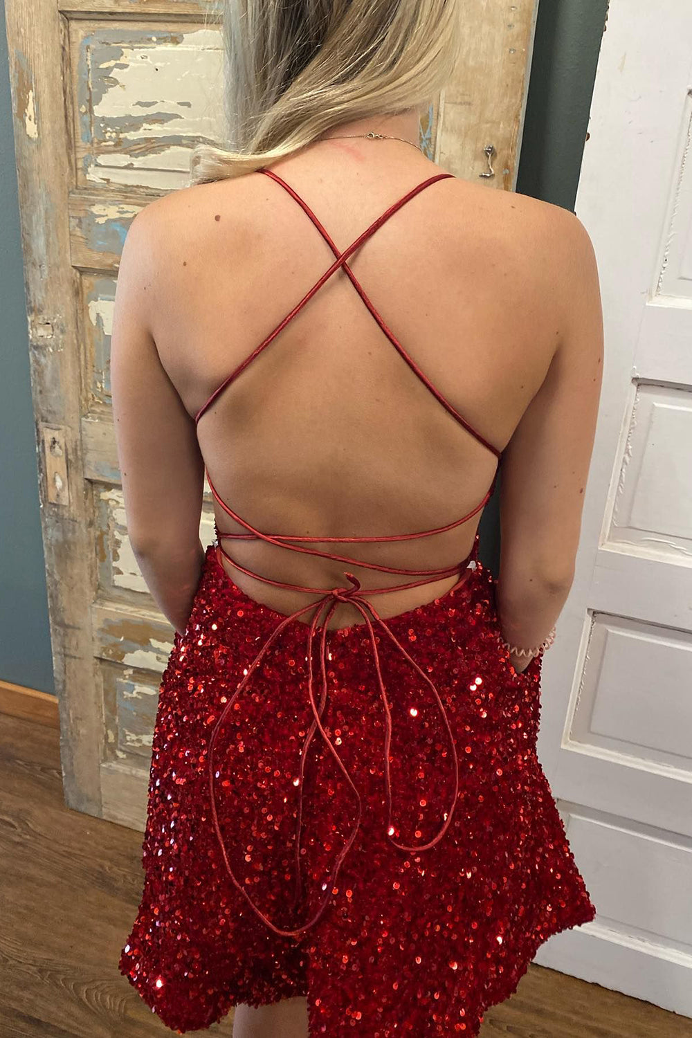 Sparkly Burgundy A-Line Backless Short Hoco Dress with Pockets-BMbridal