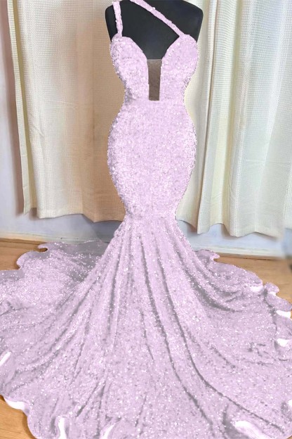 Red Mermaid Sleeveless One Shoulder Prom Dress Sweetheart Elegant Sequins