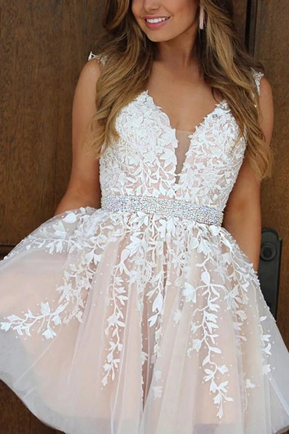Pink V Neck A Line Homecoming Dress-BMbridal