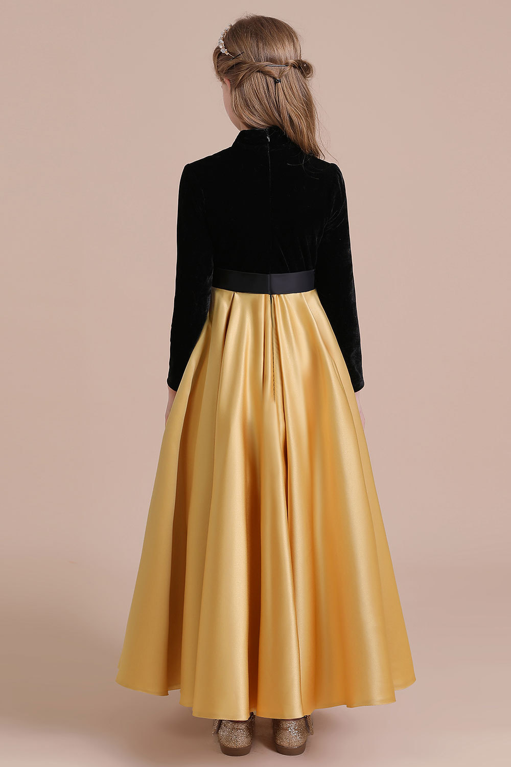 BMbridal A-Line High-neck Velvet Satin Flower Girl Dress Online-BMbridal