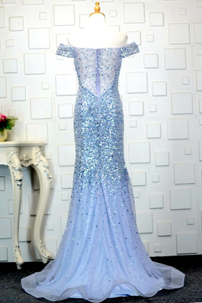 BMbridal Glamorous Off-the-Shoulder Blue Mermaid Prom Dresses with Rhinestones On Sale