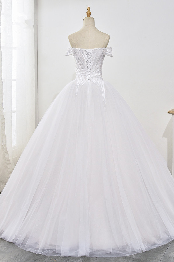 BMbridal Stunning Off-the-Shoulder Ball Gown White Tulle Wedding Dress Sweetheart Sleeveless Beadings Bridal Gowns Online-BMbridal