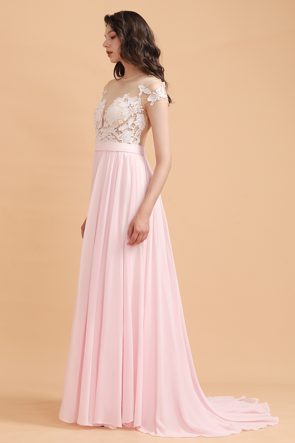 BMbridal A-Line Jewel Chiffon Lace Ruffles Bridesmaid Dress with Slit-BMbridal