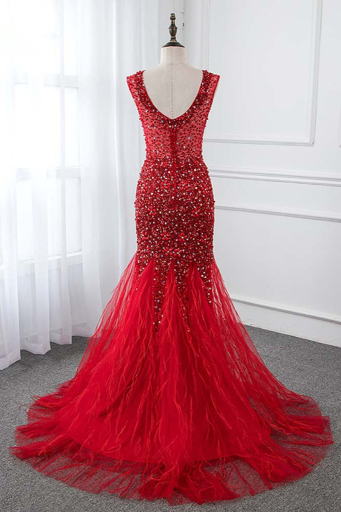 BMbridal Glamorous Jewel Sleeveless Burgundy Mermaid Prom Dresses with Beadings