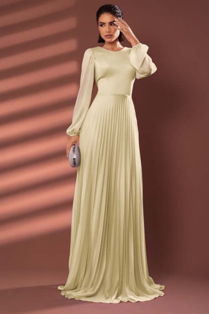 Chiffon Jewel Neck Long Sleeves Long Prom Dress With Pleated