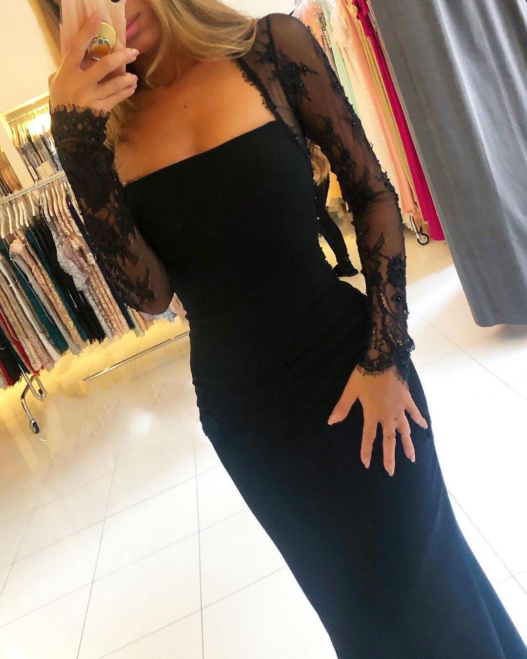 Bmbridal Long Sleeves Black Mermaid Prom Dress Long With Lace-BMbridal