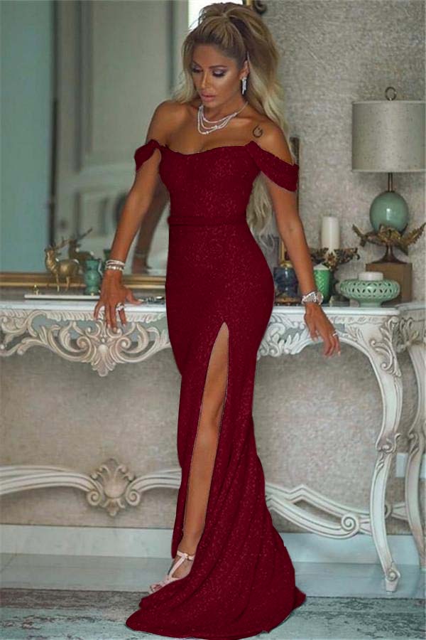 Pink Sequins Off the Shoulder Mermaid Elegant Prom Dresses With Split