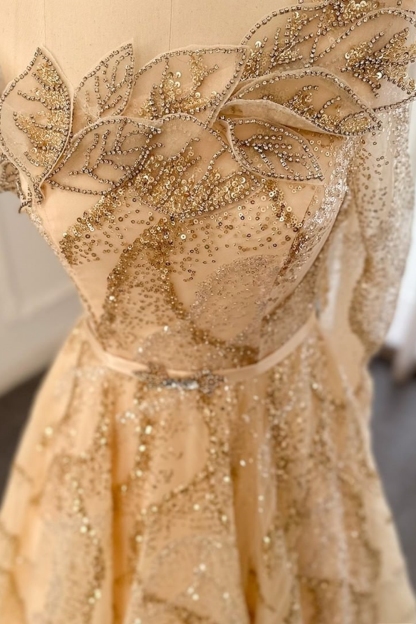 Bmbridal A-Line Champagne Strapless Tulle One Shoulder Prom Dresses with Ruffles
