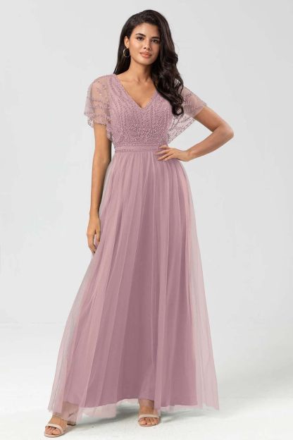 Tulle Short Sleeves V Neck A Line Long Prom Dress With Appliques