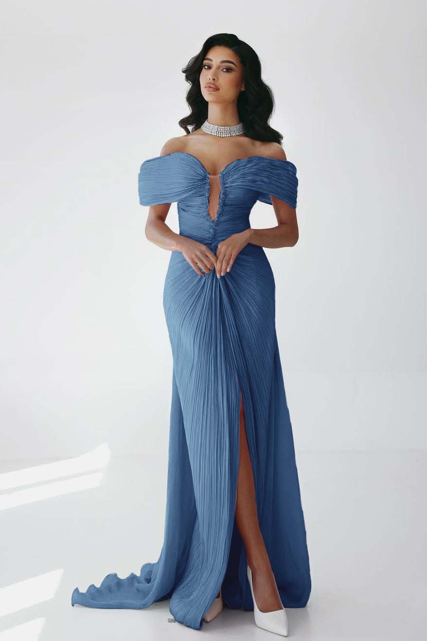 Off the Shoulder Sleeveless Long Mermaid Prom Dress With Ruffles Pleated