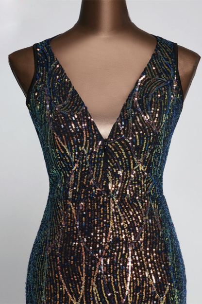 BMbridal Luxury V-Neck Backless Sequins Mermaid Prom Dresses with Front Slit