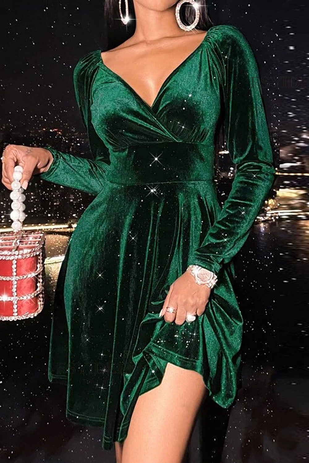 V-Neck Green Velvet Christmas Dress-BMbridal