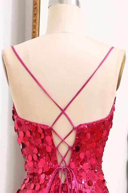 Sparkly Purple Mermaid Spaghetti Straps Sequins Long Prom Dress with Slit