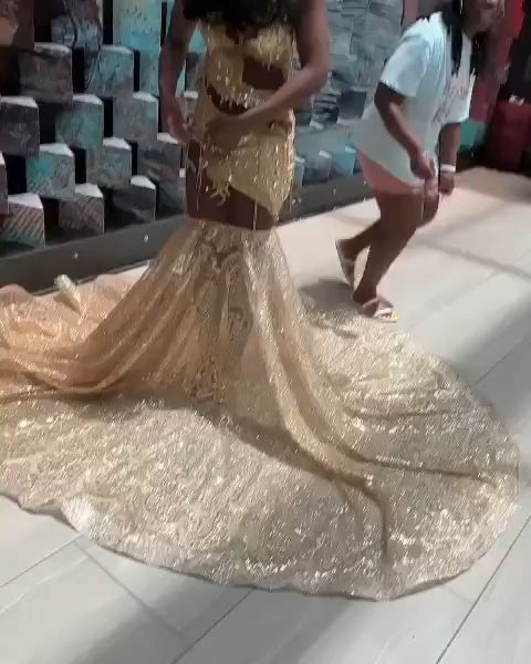 Luxury Champagne Gold Mermaid Prom Dress with Illusion Cut-outs & Dramatic Sequin Train – Custom Made for Black Girls
