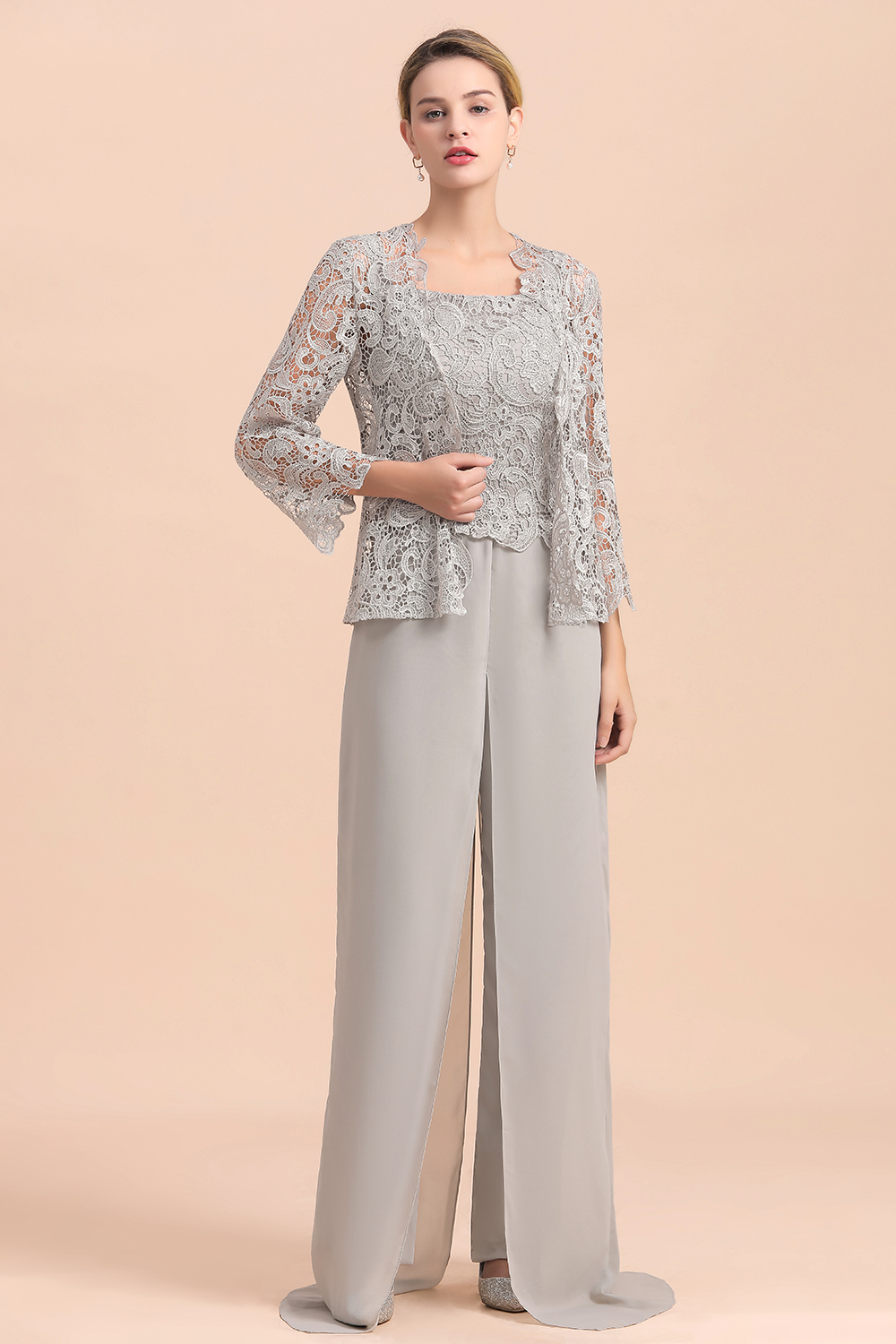 BMbridal Elegant Silver Lace Top Chiffon Mother of Bride Jumpsuit Online with Wrap-BMbridal
