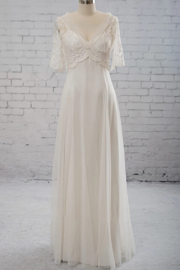 BMbridal Elegant Empire V-neck Tulle Wedding Dress A-line Appliques Short Sleeves Bridal Gowns On Sale-BMbridal