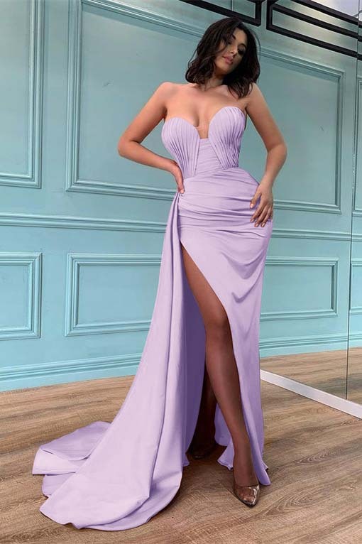 Long Strapless Sleeveless Sweetheart Mermaid Prom Dress Split With Ruffles