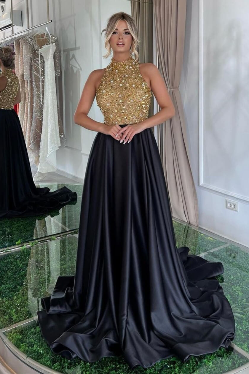 Modern High Neck Sleeveless A-Line Evening Dress Black With Beadings