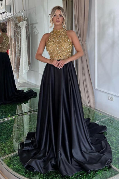Modern High Neck Sleeveless A-Line Evening Dress Black With Beadings