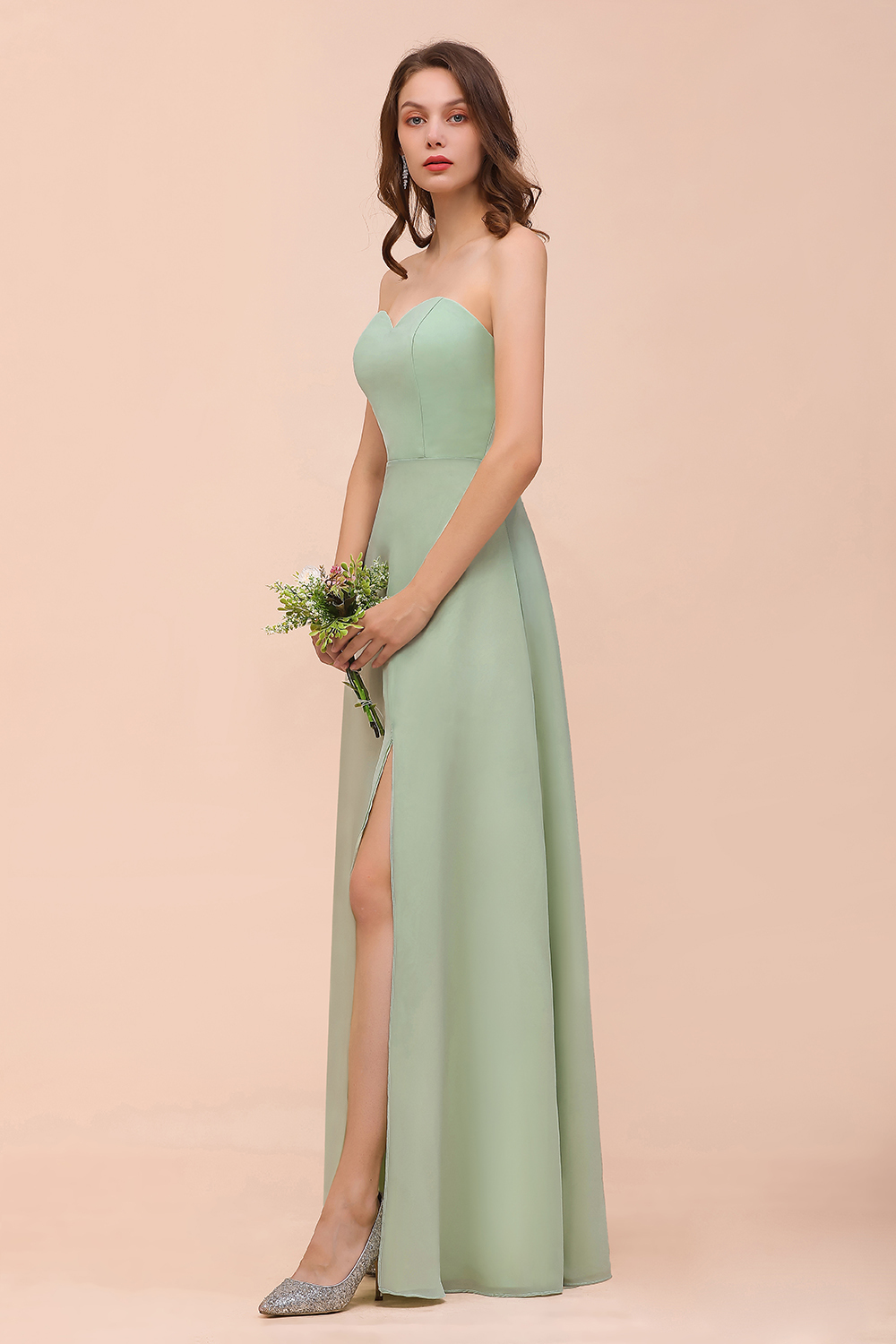 BMbridal Affordable Strapless Front Slit Long Dusty Sage Bridesmaid Dress-BMbridal