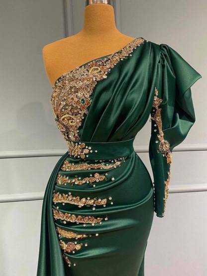 BMbridal One Shoulder Long Sleeves Dark Green Prom Dress With Beadings
