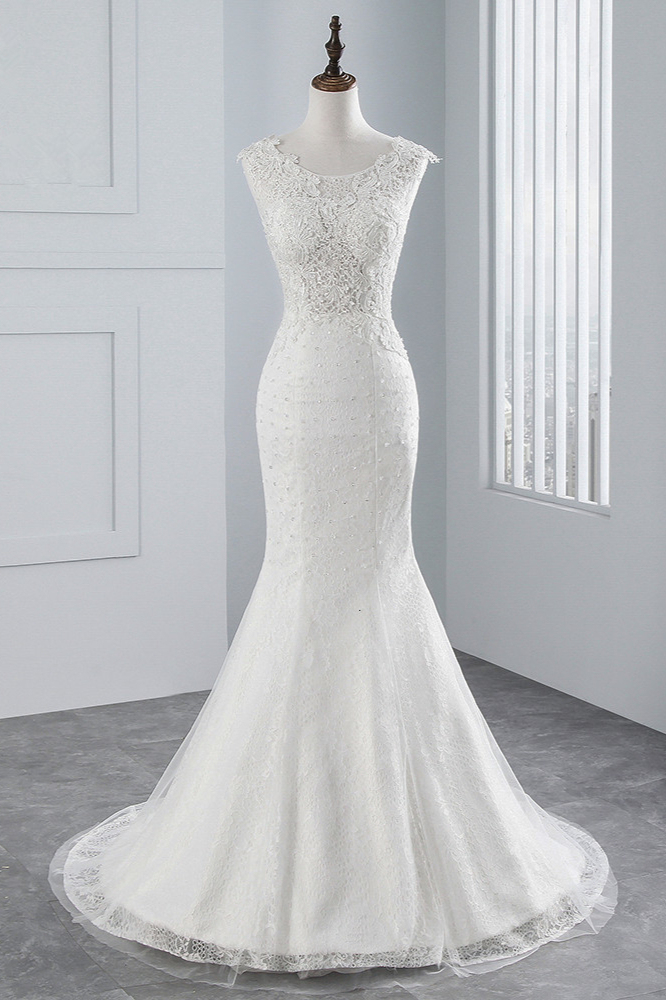 BMbridal Glamorous Jewel Sleeveless Rhinestone White Mermaid Wedding Dresses with Appliques