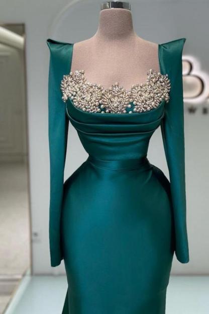 Bmbridal Dark Green Prom Dress Mermaid Long Sleeves With Pearls