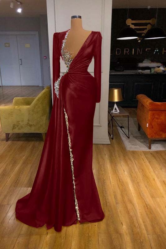 Charming Long Sleeves Yellow Split Long Prom Dress With Beadings Sequins