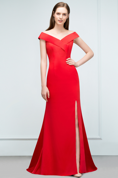BMbridal Red Off-the-Shoulder Mermaid Prom Dress Long With Split