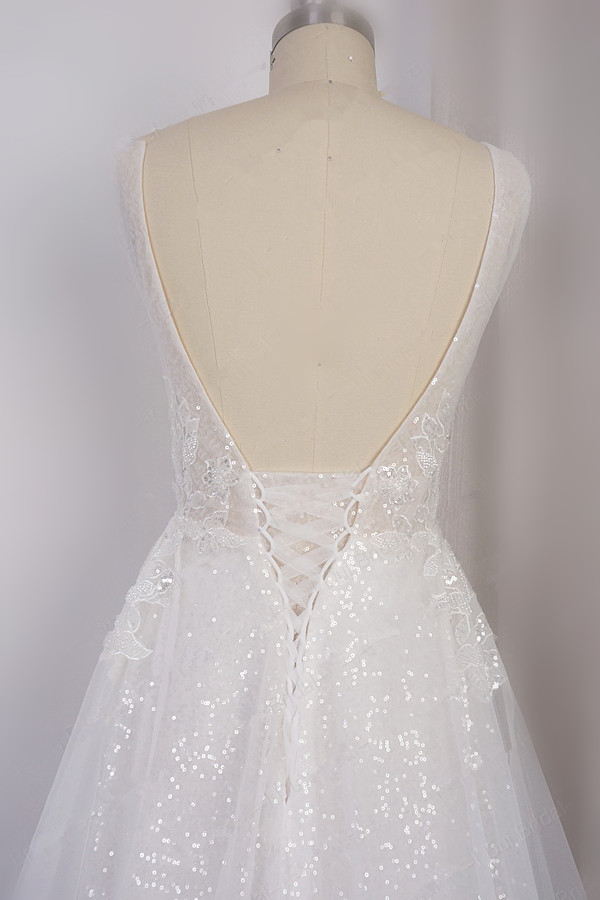 BMbridal Sparkly Sequined V-Neck Wedding Dress Tulle Sleeveless Beadings Bridal Gowns On Sale-BMbridal