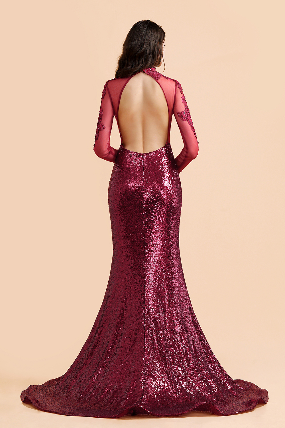 BMbridal Sexy High-Neck Burgundy Sequined Slit Prom Dresses Long Sleeves Appliques Backless Formal Dress with Sheer Top-BMbridal