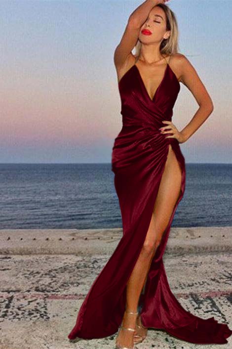 Green Deep V Neck Mermaid Prom Dress Pleated Sleeveless With High Split