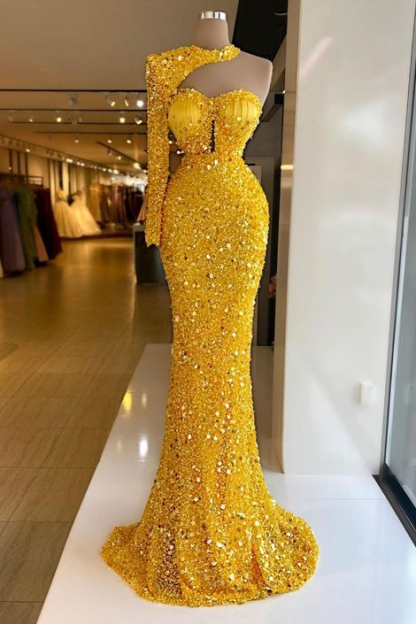 Bmbridal Yellow One Shoulder Mermaid Sweetheart Prom Dress with Beadings