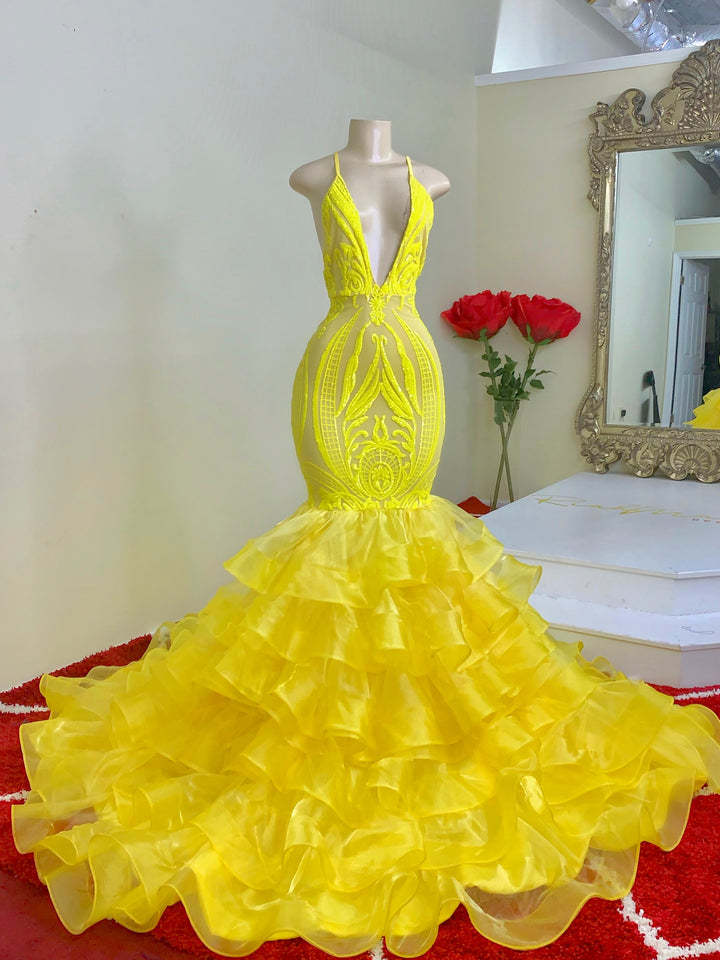 Bmbridal Yellow Mermaid Prom Dress Sleeveless Lace V-Neck With Ruffle