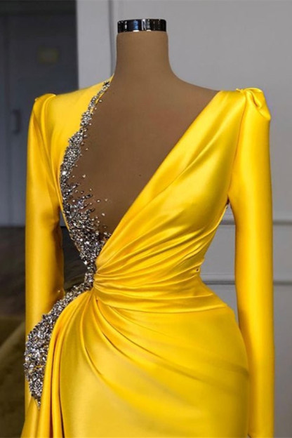 Charming Long Sleeves Yellow Split Long Prom Dress With Beadings Sequins